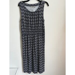 L.L.Bean Womens Medium Black White Print Sleeveless Midi‎ Dress Casual